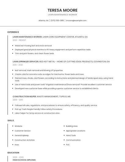 Lawn Maintenance Worker Resume
