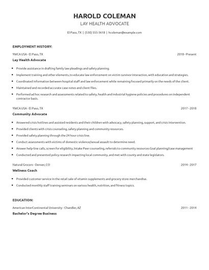 Lay Health Advocate Resume