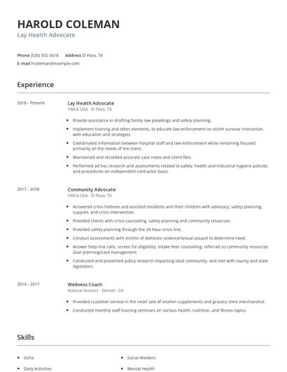 Lay Health Advocate Resume