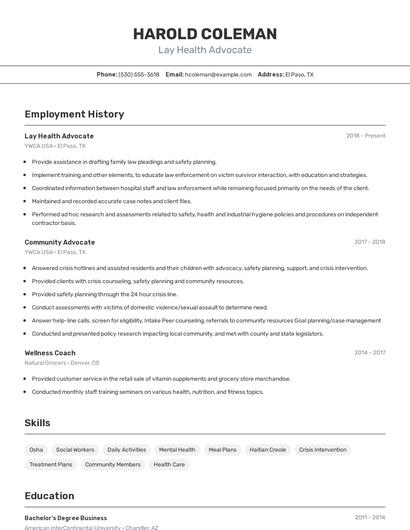 Lay Health Advocate Resume