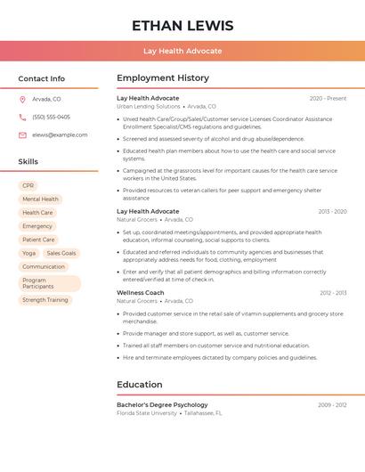 Lay Health Advocate Resume