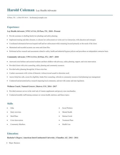 Lay Health Advocate Resume