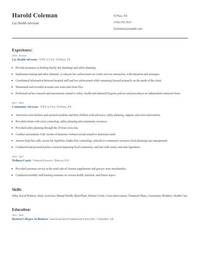 Lay Health Advocate Resume