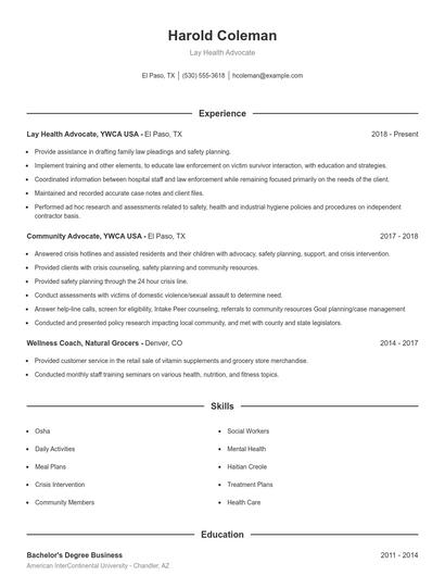 Lay Health Advocate Resume