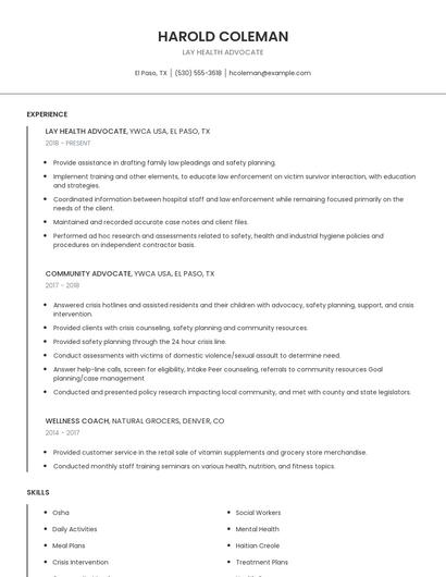 Lay Health Advocate Resume