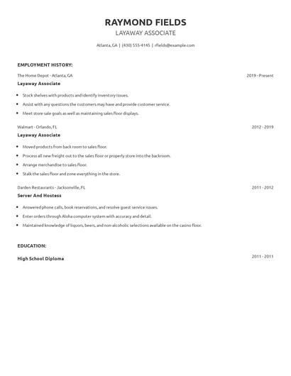 Layaway Associate Resume