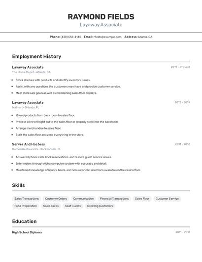 Layaway Associate Resume
