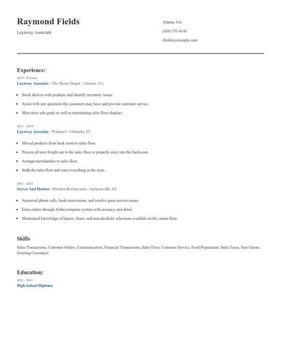 Layaway Associate Resume