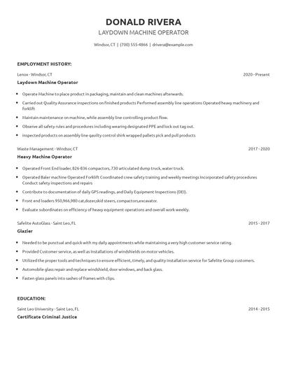 Laydown Machine Operator Resume