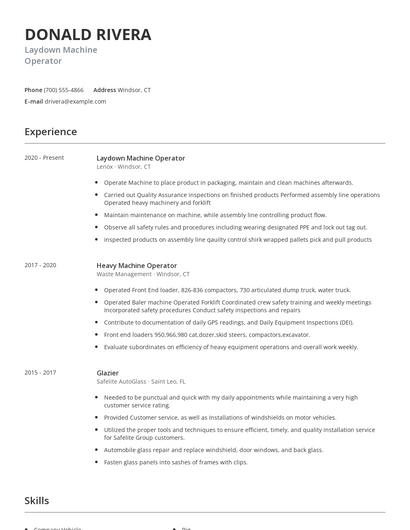 Laydown Machine Operator Resume