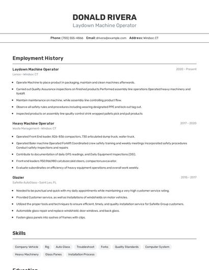 Laydown Machine Operator Resume