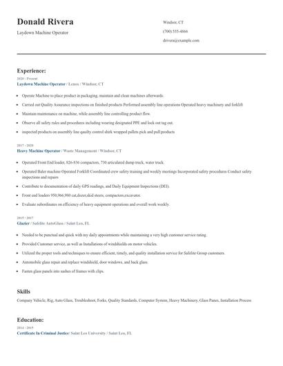 Laydown Machine Operator Resume