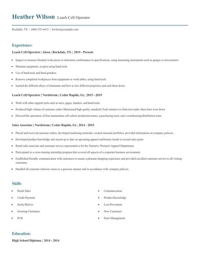 Leach Cell Operator Resume