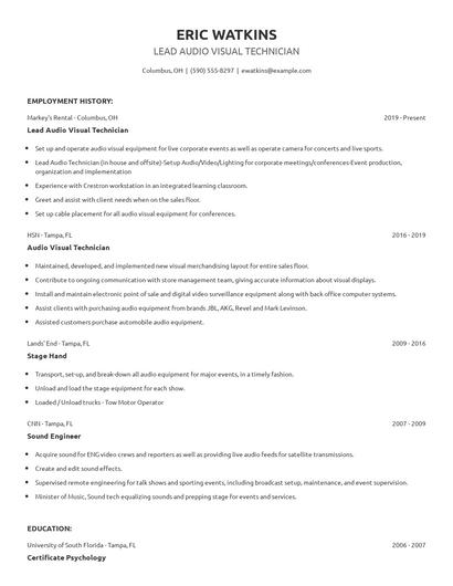 Lead Audio Visual Technician Resume
