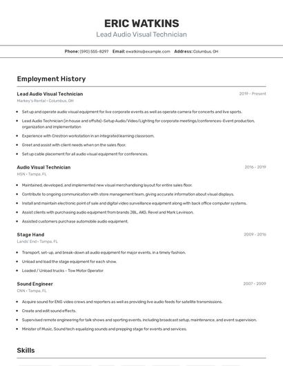 Lead Audio Visual Technician Resume