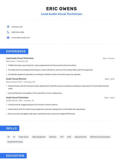 Lead Audio Visual Technician Resume