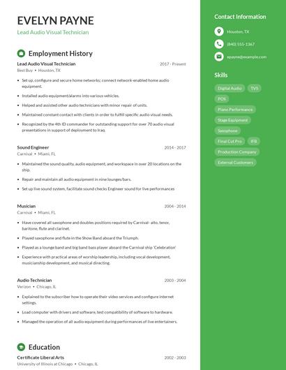 Lead Audio Visual Technician Resume