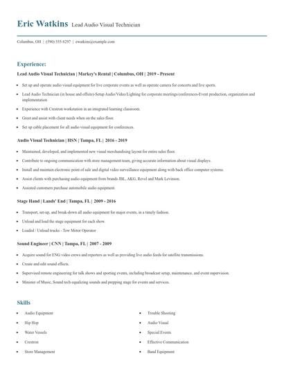 Lead Audio Visual Technician Resume