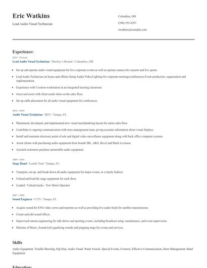 Lead Audio Visual Technician Resume