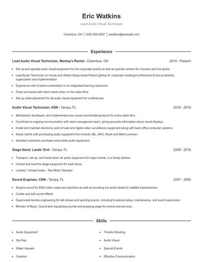 Lead Audio Visual Technician Resume