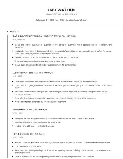 Lead Audio Visual Technician Resume