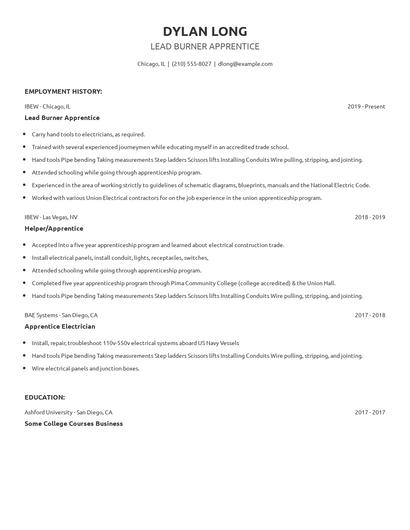 Lead Burner Apprentice Resume