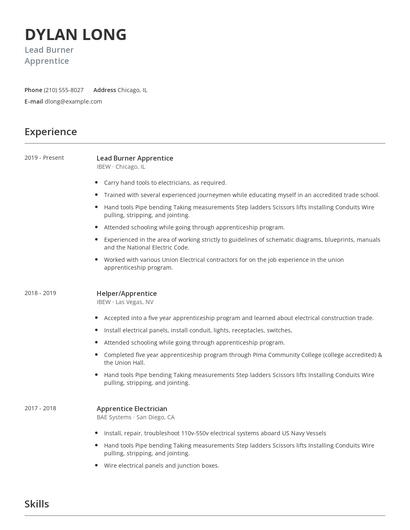 Lead Burner Apprentice Resume