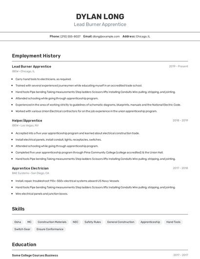Lead Burner Apprentice Resume