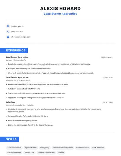 Lead Burner Apprentice Resume