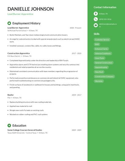 Lead Burner Apprentice Resume