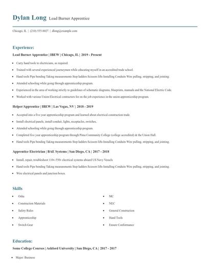 Lead Burner Apprentice Resume