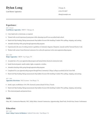 Lead Burner Apprentice Resume