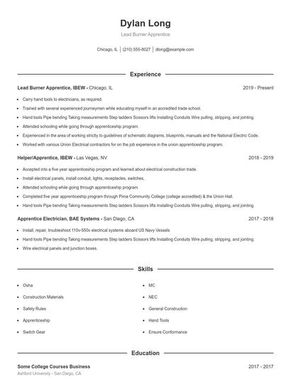 Lead Burner Apprentice Resume