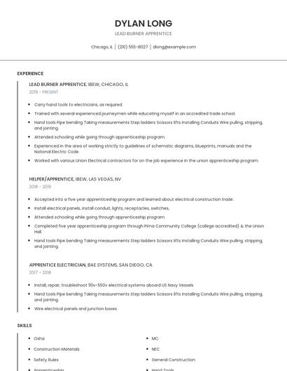 Lead Burner Apprentice Resume