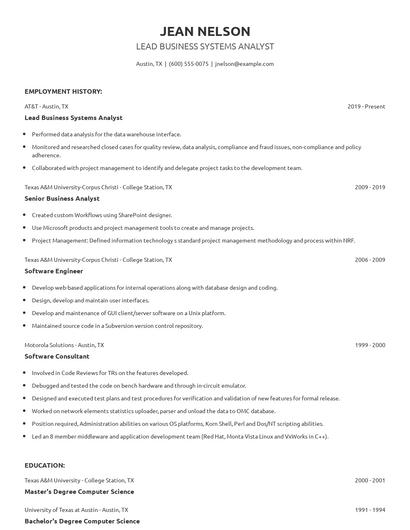 Lead Business Systems Analyst Resume
