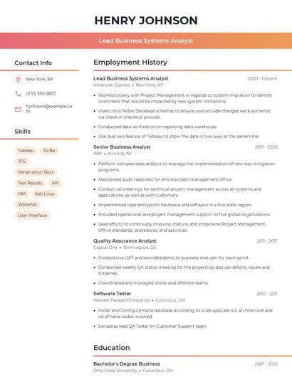 Lead Business Systems Analyst Resume