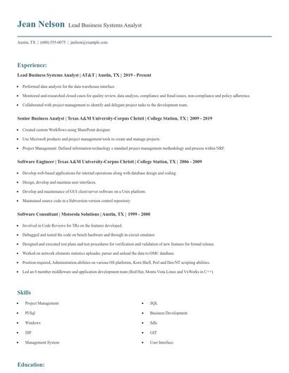 Lead Business Systems Analyst Resume