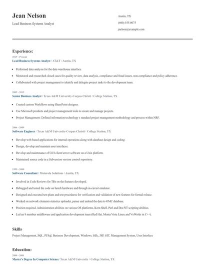 Lead Business Systems Analyst Resume