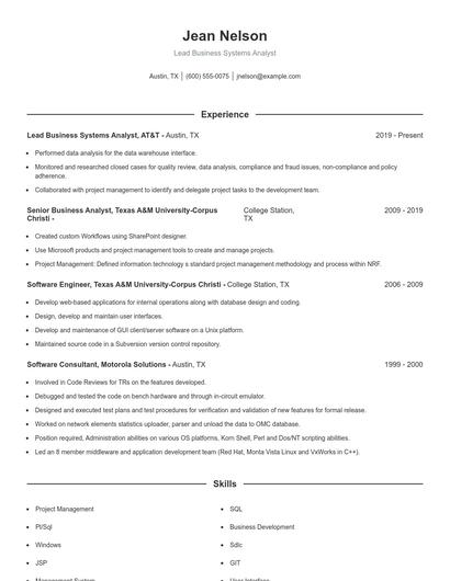 Lead Business Systems Analyst Resume