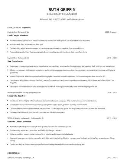 Lead Camp Counselor Resume