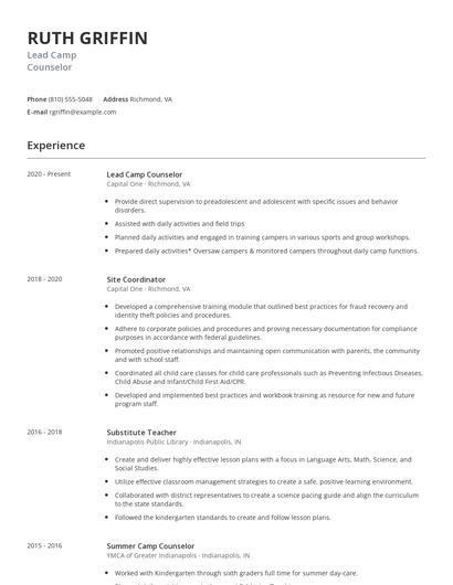Lead Camp Counselor Resume