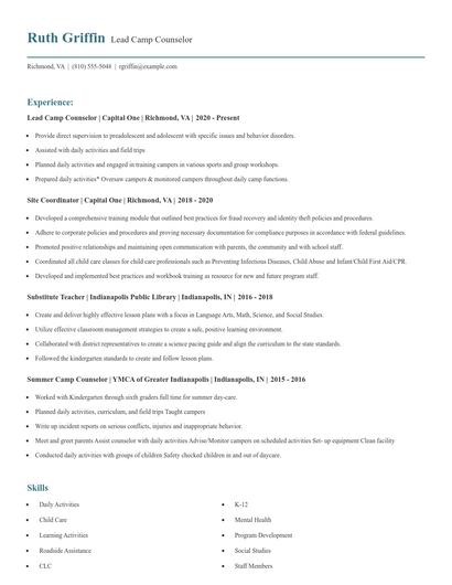 Lead Camp Counselor Resume