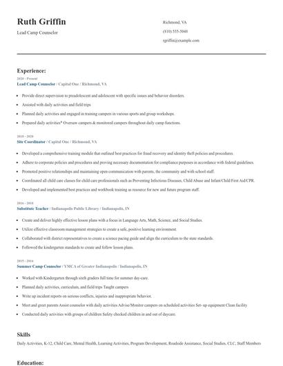 Lead Camp Counselor Resume