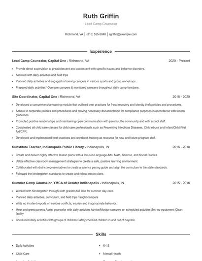Lead Camp Counselor Resume