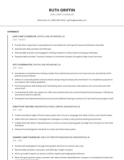 Lead Camp Counselor Resume