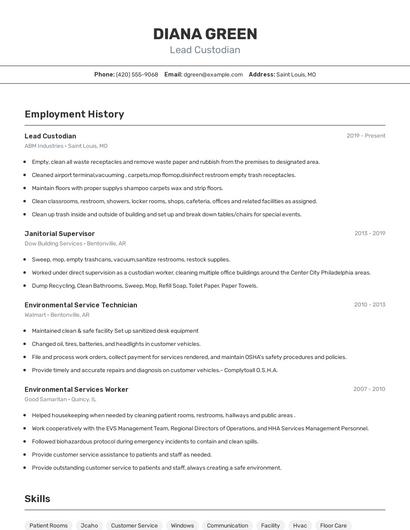Lead Custodian Resume