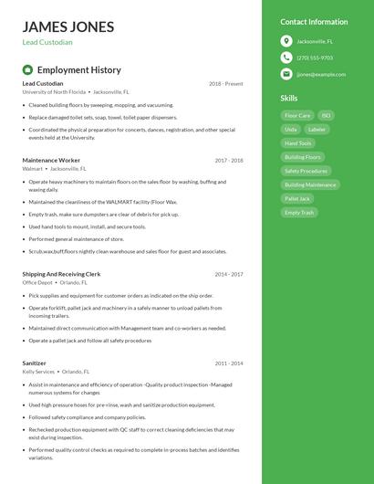 Lead Custodian Resume