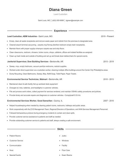Lead Custodian Resume