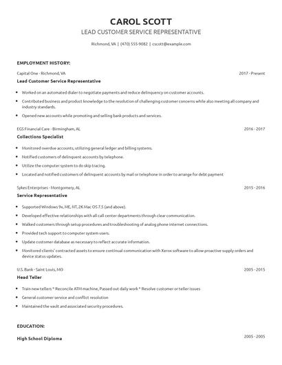 Lead Customer Service Representative Resume