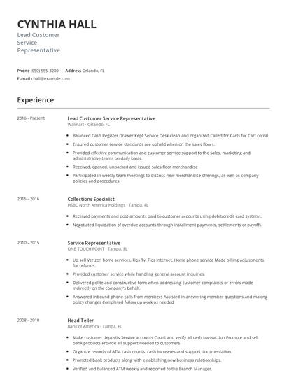 Lead Customer Service Representative Resume